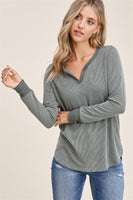 Pullover Top, Split Neck, Long Sleeve, 2Tone Ribbed