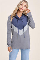 Polar Draw String Collar, Long Sleeve, Color Block, Stripe Top