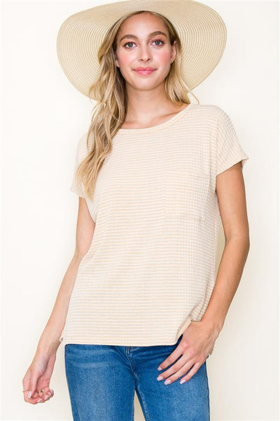 Round Neck Striped Ribbed Short Sleeve Top