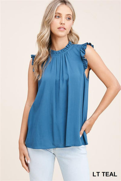 Ruffle High Neck, Ruffle Cap Sleeve, Keyhole Button Back, Solid Top