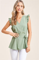 Wrap Front, Ruffle Cap Sleeves , Side Ties, Snap Button Closure Chest, Solid Top