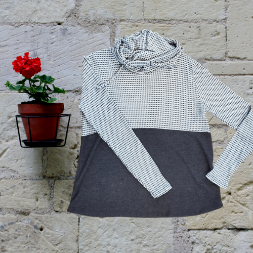 Draw String Neck, Long Sleeve, Color Block, Waffle Textured Top