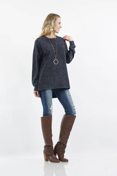 Mineral Wash Long Sleeve Rounded Neck High-Low Tunic