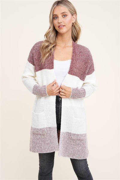 Open Front Cardigan,  Ivory & Burgundy