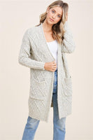 Open Front Cardigan,  Long Sleeve, Pockets, Chunky, Cabled