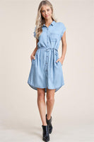 Drop Shoulder Button Down Front, Chest and Side Pockets Tencel Denim Shirt Dress with Self T
