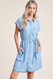 Drop Shoulder Button Down Front, Chest and Side Pockets Tencel Denim Shirt Dress with Self T