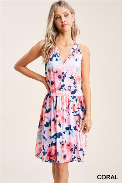 China Collar, Sleeveless, Babydoll, Bottom Lined, Floral Print Dress