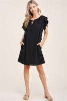 Ruffle Neck, Keyhole Tie Neck, Flutter Layered S/S, Fully Lined Dress