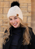 Ivory Cable Knit Fleece Lined Knit Hat with Black Pom