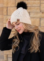 Ivory Cable Knit Fleece Lined Knit Hat with Black Pom