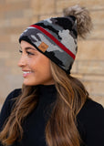 Grey Camo with Red Stripe Hat with Pom
