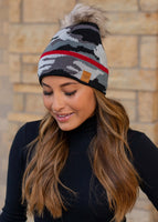 Grey Camo with Red Stripe Hat with Pom