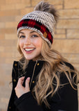 Grey Heather with Buffalo Plaid Trim Hat with Pom