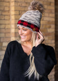 Grey Heather with Buffalo Plaid Trim Hat with Pom