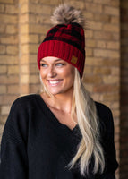 Buffalo Plaid Fleece Lined Knit Hat with Pom