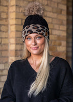 Black with Leopard Cuff Fleece Lined Hat with Pom