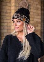 Black with Leopard Cuff Fleece Lined Hat with Pom