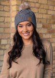 Grey Cable Knit Fleece Lined Hat with Pom