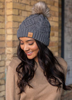 Grey Cable Knit Fleece Lined Hat with Pom