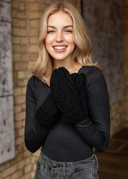 Black Cable Knit Fleece Lined Mitten