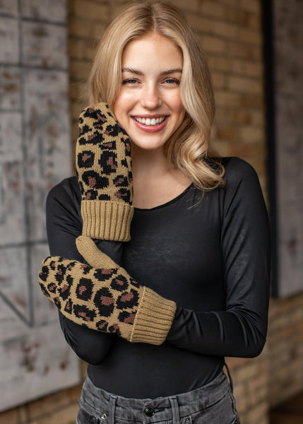 Leopard Print Knit Fleece Lined Mitten