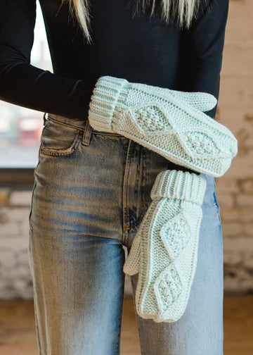 Mint Cable Knit Fleece Lined Mittens
