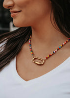 Multicolored Beaded Necklace w Carabiner Lock Pendant
