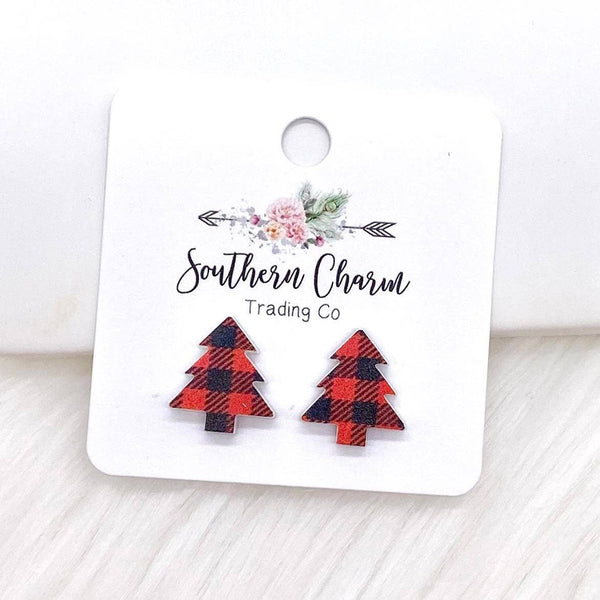 15mm Red Buffalo Plaid Christmas Tree Studs