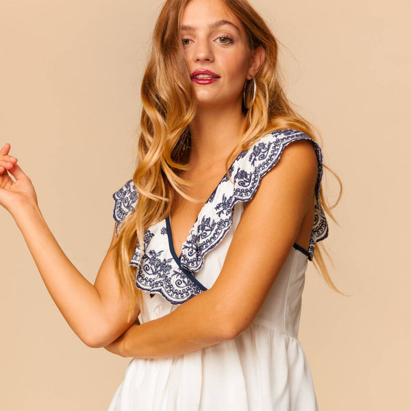 Embroidered Ruffle Surplice Babydoll Top