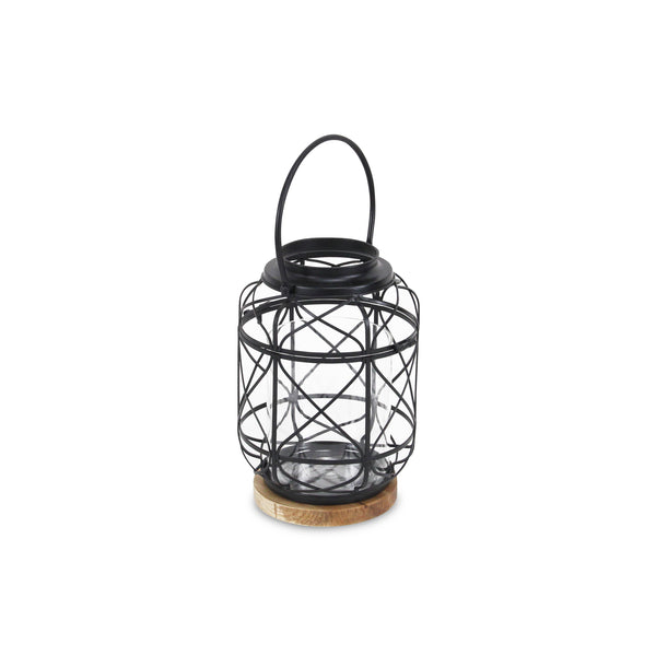Metal Table Lantern with Swivel Handle and Wood Base