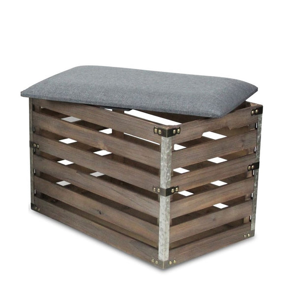 Wood Slat Storage Bench with Cushioned Lid