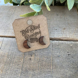 Boho Moon Walnut Wood Stud Earrings, Minimalist